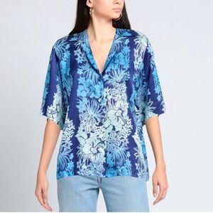 SANDRO Paris Women's S Hawaii Print Button Down Short Sleeve Shirt Blue